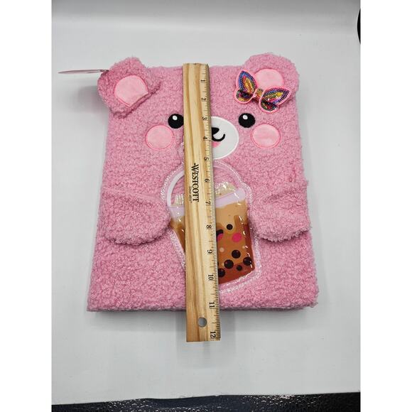 Fuzzy Sketch Book Notebook Journal Blank Pages Pink Bear Bow Drink NWT - Picture 3 of 6